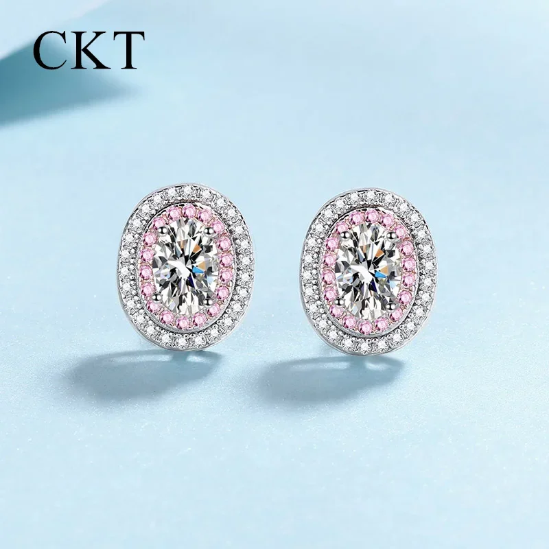 18K White Gold Platinum Pt950 1 Carat Moissanite Stud Earrings Micro-set Pink Zirconia Earrings Sweet Girl Heart Jewelry