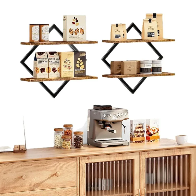 Wooden wall storage rack Iron wood combined finishing rack Living room wall floating baffle retro double layer storage rack