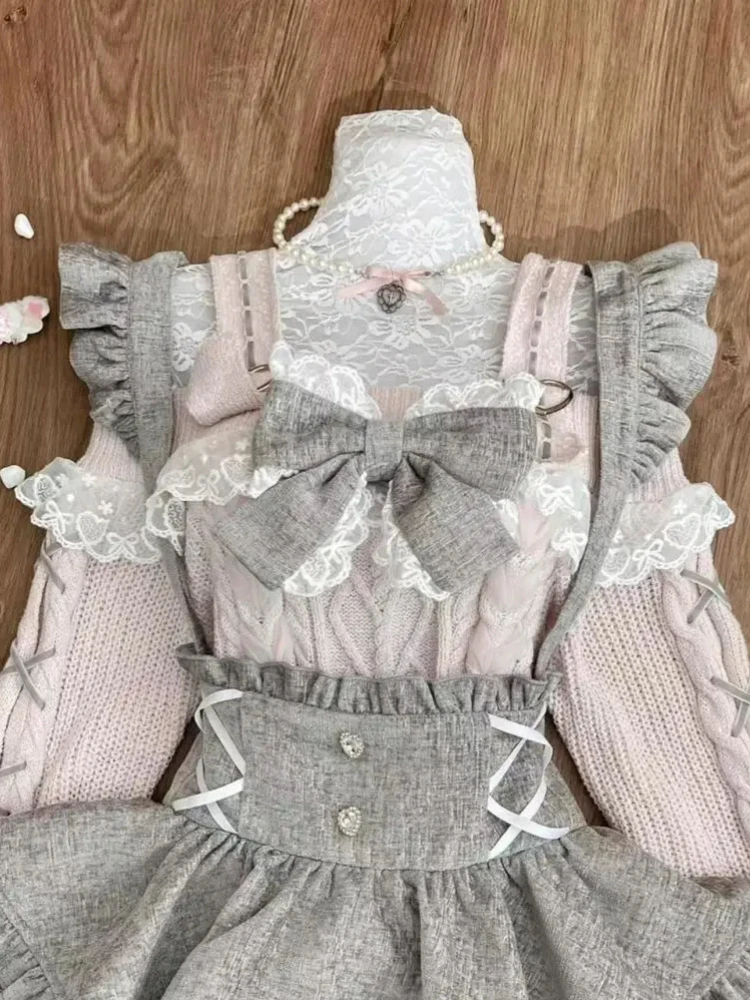 Зимние рождественские милые комплекты из трех предметов в японском стиле Лолиты, женский вязаный свитер + нечеткая плащ + юбка на бретелях, новые модные теплые милые костюмы