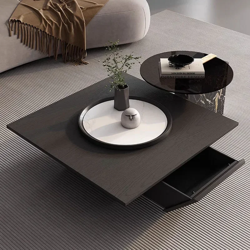 Square Coffee Table, Coffee Table, Inverted Triangular Rock Table, Tempered Glass Side Table with Turntable, for Living Room Use