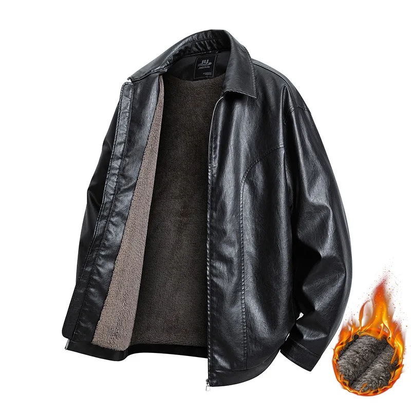

plus Size Men's Fce Lined PU Leather Jaet Thiened Collar Trendy Fat Brother Cross Border Jaet Outerwear Casual Sle