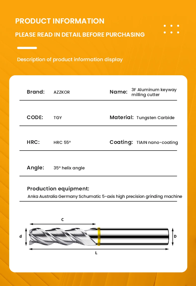 Azzkor TGY-HRC55 3-Flöten-Farbkreis Flach fräser Wolfram stahl karbid für Aluminium fräser CNC Machin Schaft fräser Werkzeuge – Detail 17