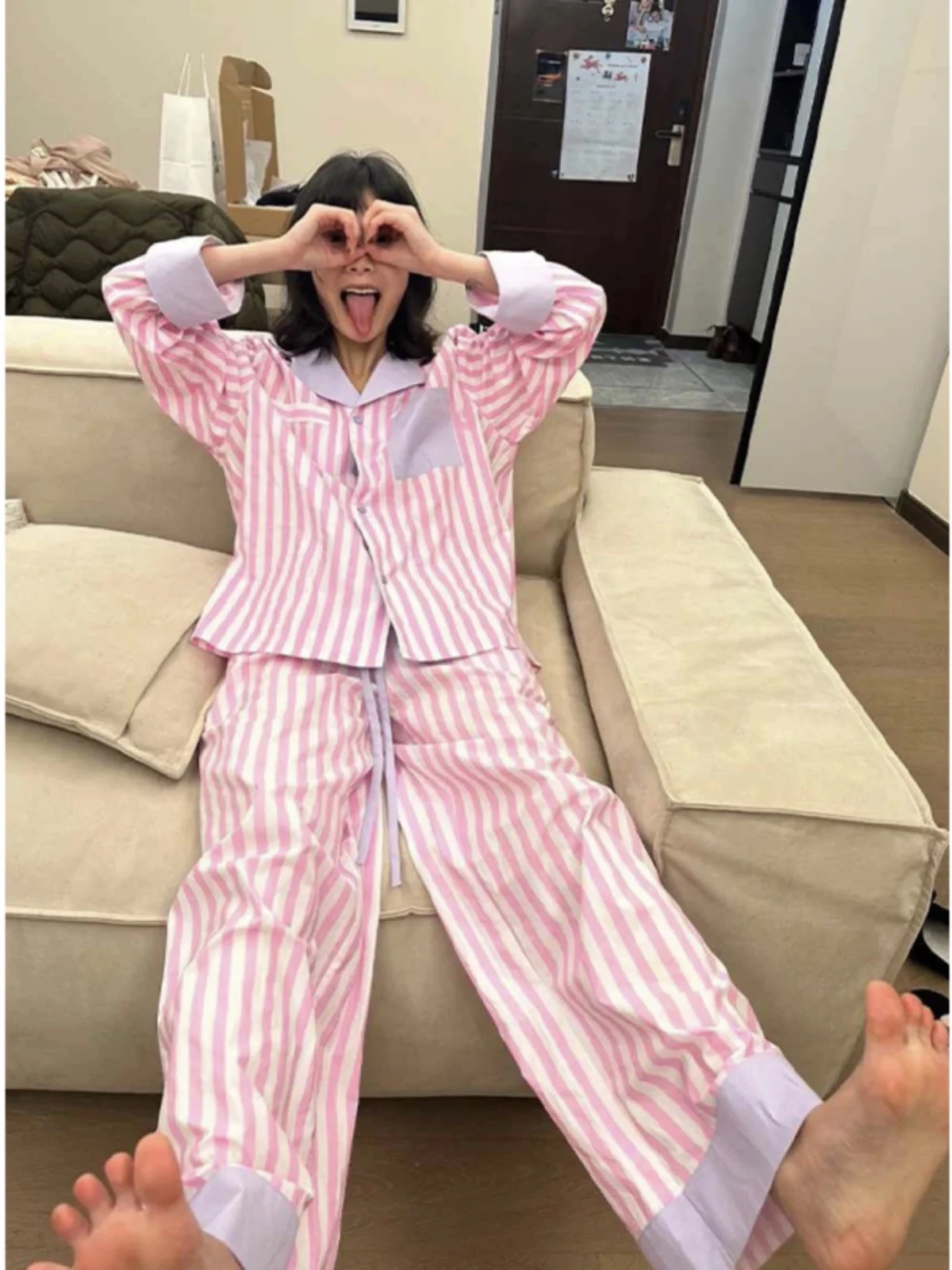 

Korean Sle Long Sve Striped Spwear Casual Home Clothes Women's Spring Autumn plus Size Set Comfortable Home Faion