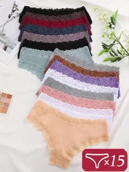 15Pcs Women Cotton Lace Panties Sexy Intimate Brazilian Underwear Solid Color Female Trendy Lace Briefs Female Soft Underpants
