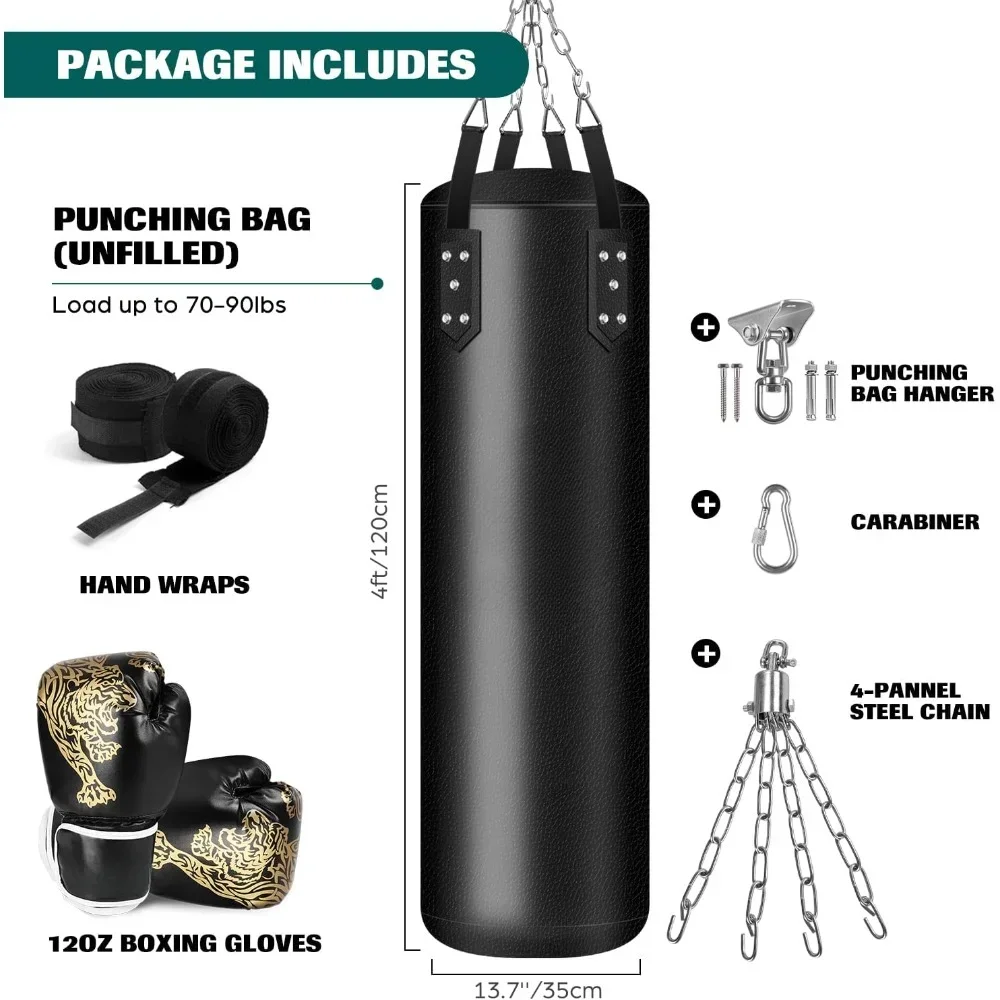 6in1 Punching Bag Unfilled Set,4FT Kick Boxing Heavy Bag with 12OZ Punching Gloves and Hand Wraps,Hanging Chains for MMA Karate