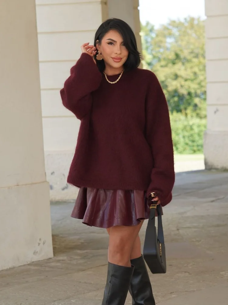 Women Chic Round Neck Knit Pollover Fashion Red Long Sleeve Loose Basic Sweater Autumn Winter Lady Casual Commute Knitwear Top