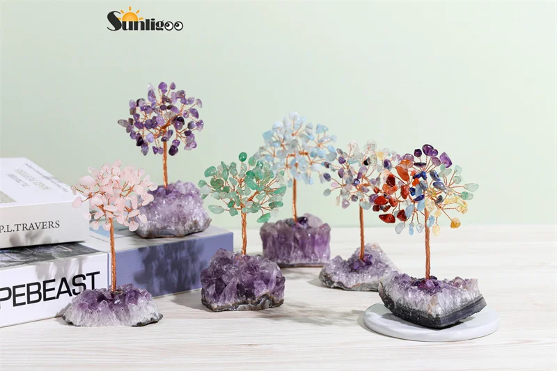 

Sunligoo Crystal Gemstones Tree Wrapped on Natural Amethyst Cluster Base Energy Reiki Healing Tree Home Living Room Yoga Decor