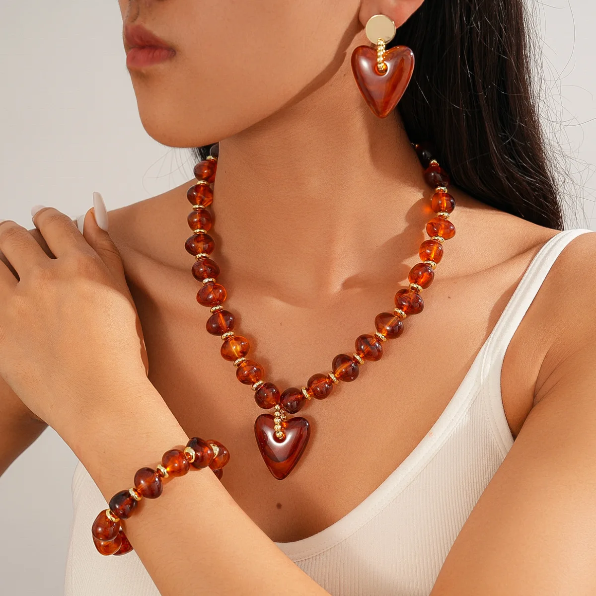 Immagine 3: Collana con Ciondolo a Cuore e Perline in Acrilico Ovale Stile Europeo e Americano, Orecchini Eleganti alla Moda, Accessori da Donna per Banchetti K
