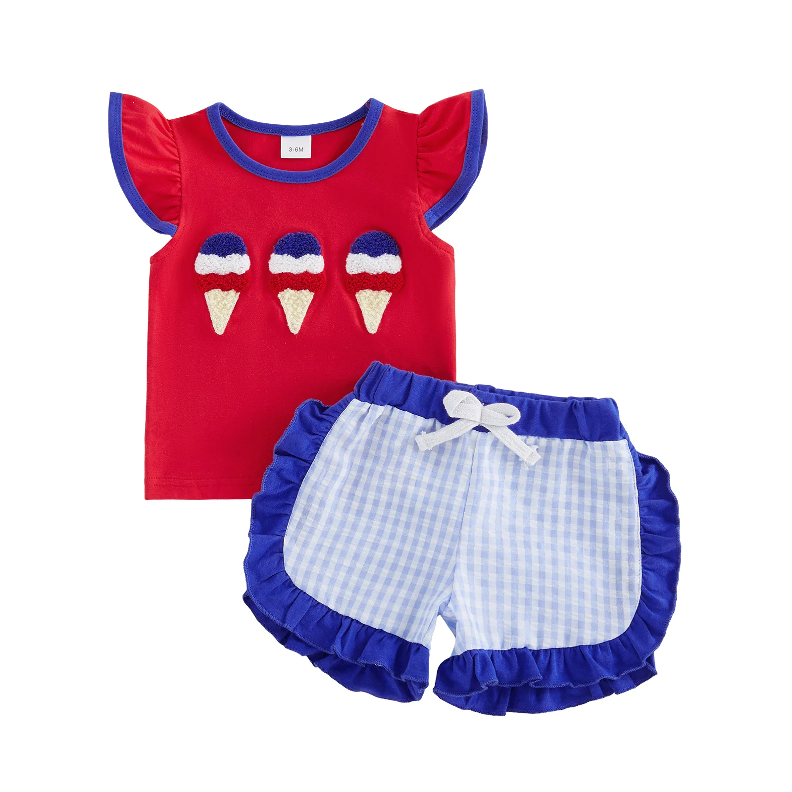 Baby Girl 4th of July Outfits Fly Sleeve Ice Cream Embroidery Tops Shorts Set Toddler Clothes