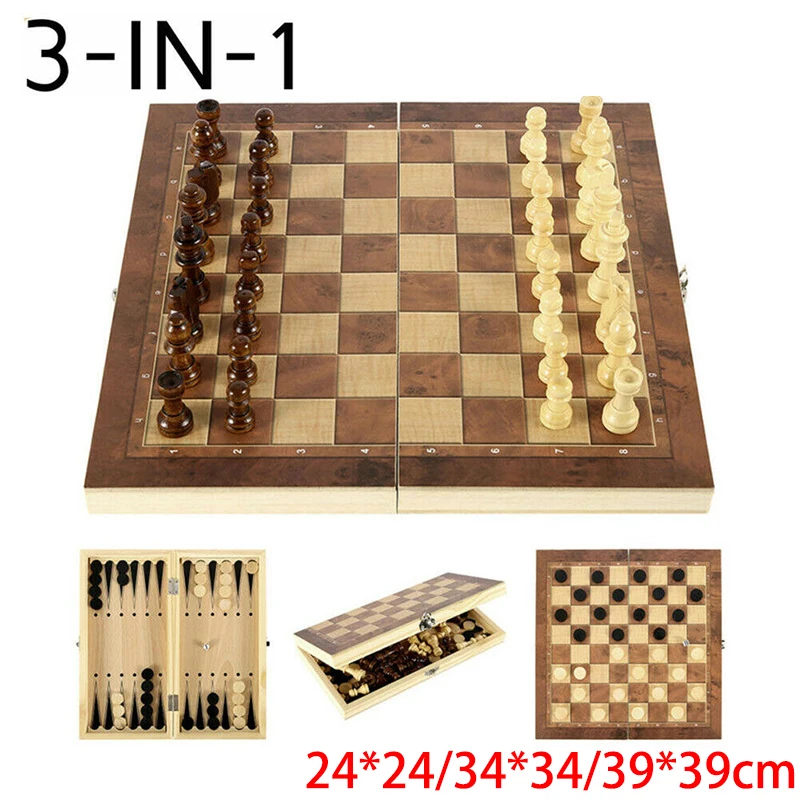 【lowest Price】3 In 1 Chess Board, Folding Wooden Portable Chess Game Board, Chess Board For Adults Chess + Checkers Backgammon