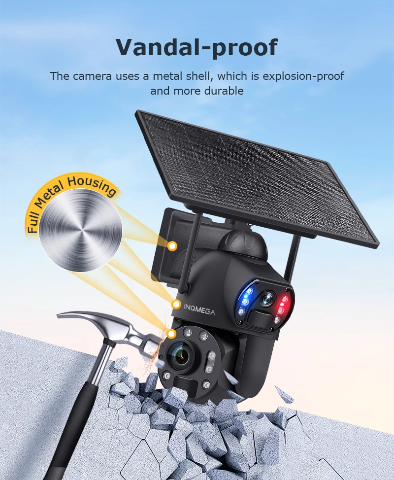 

INQMEGA 4K 8MP 36X Zoom 4G Солнечная камера с двумя объективами, двойным PIR, гуманоидным отслеживанием, уличные PTZ-камеры безопасности, аккумуляторы 20000 мА