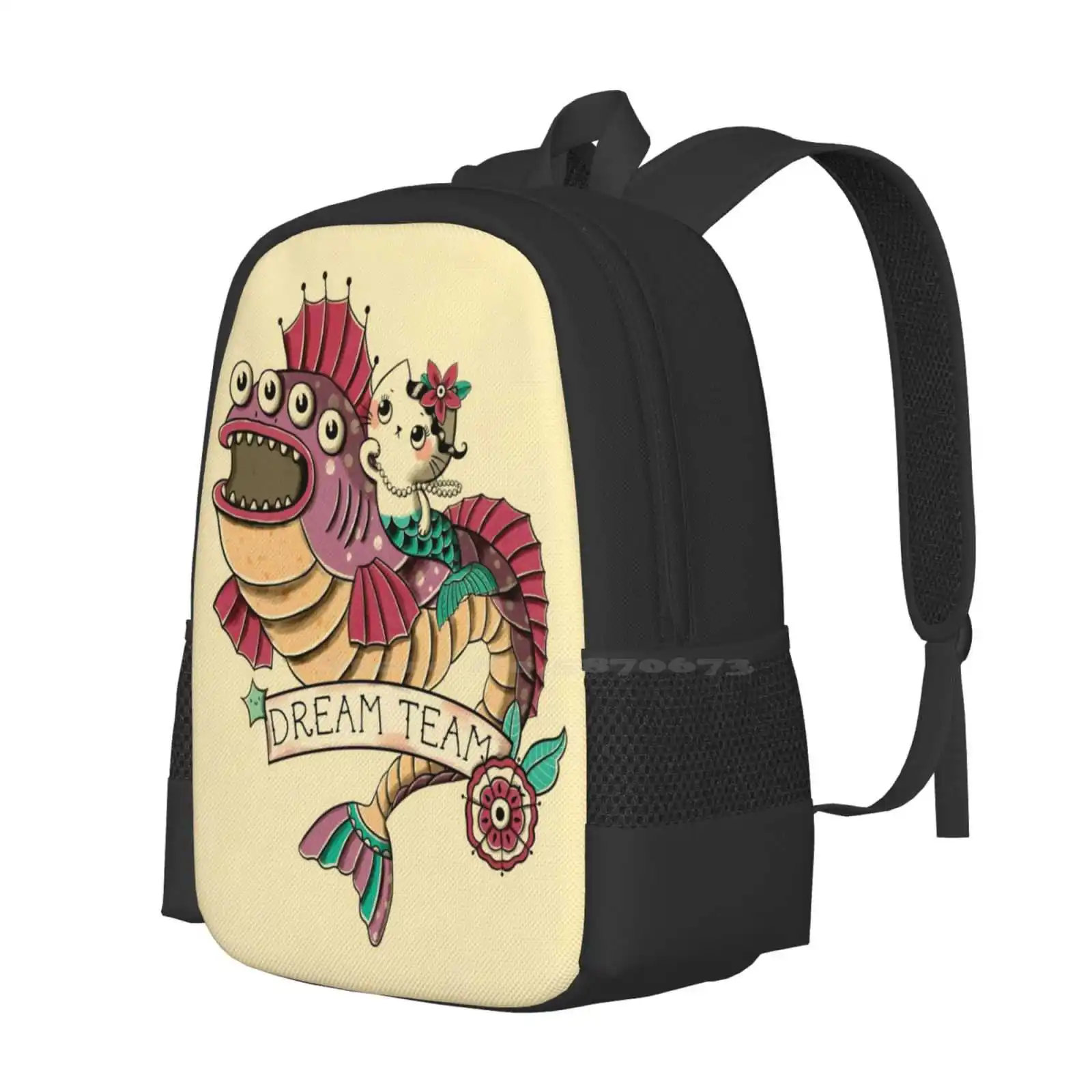 Dream Team Fashion Pattern Design Travel Laptop School Backpack Bag Mercat Mermaid Oldschool Tattoo Cat Tattoo Sea Monster Sea