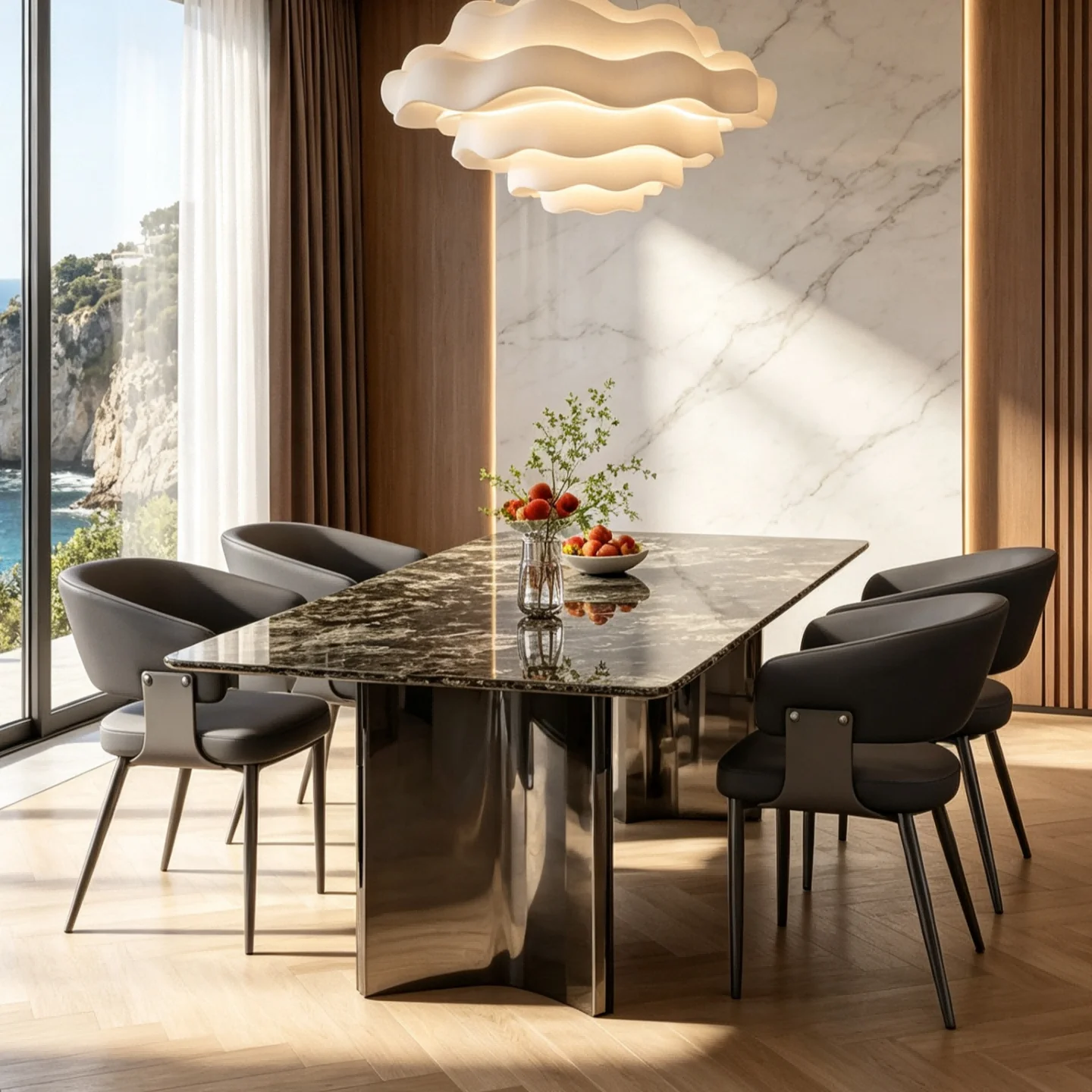 Modern Marble Dining Table Natural Stone Top Sturdy Metal Frame Light Luxury Dinner Table for Home & Restaurant