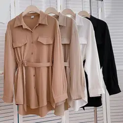 Women Shirt Lapel Long Sleeves Buttons Placket Flap Pocket Women Shirt Pleated Elastic Waist Belt All-Match Shirt camisas بلوزات