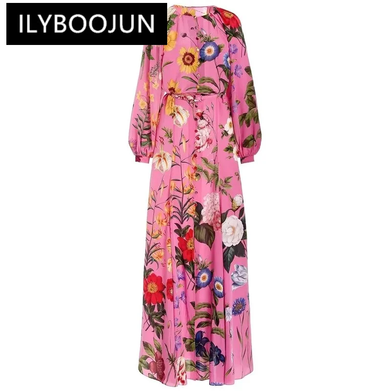 

ILYBOOJUN Spring Women's dress Lantern Sleeve Single breasted Lace up Vintage Floral-Print Elegant Party Evening Dresses