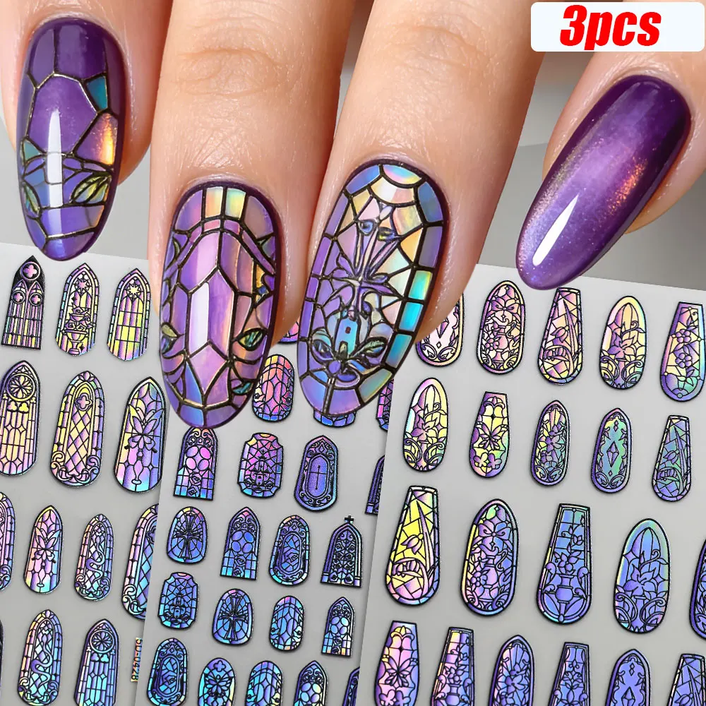 5D Sparkly Retro Glass Fragment Nail Sticker Holographic Flower/Butterfly/Cross/Castle Nail Decals Geometric Frame Nail Decor