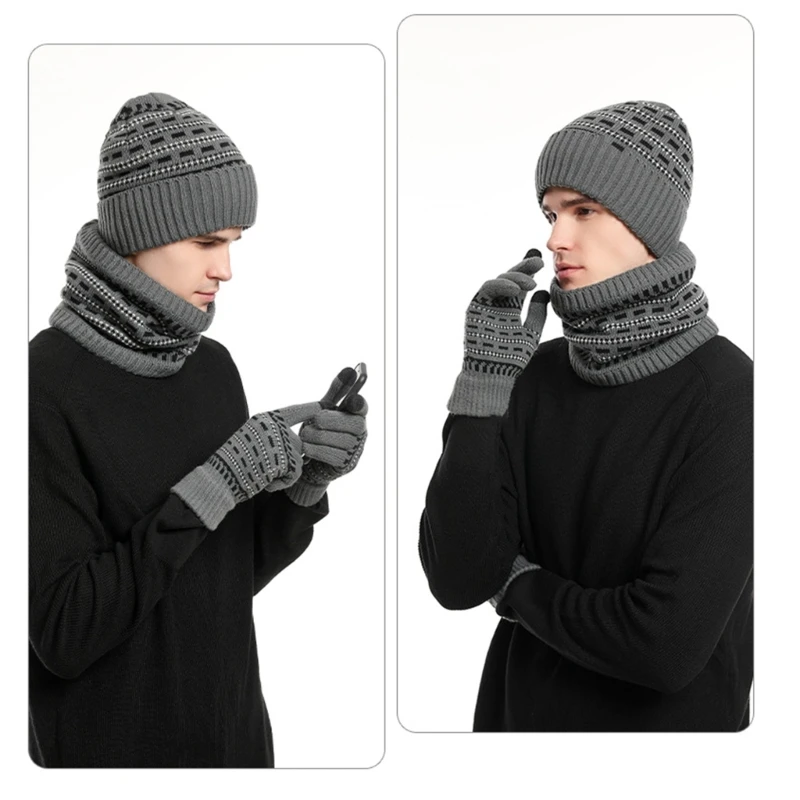 New 3pcs Jacquard Pattern Hat Gloves Neck Gaiter Set Thick Knit Warm Suit for Adult