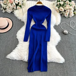 Chic O-neck Elegant Long Sleeve Split Slim Knit Dress High Street Women Vintage Korean Fashion Evening Autumn Winter Clothing