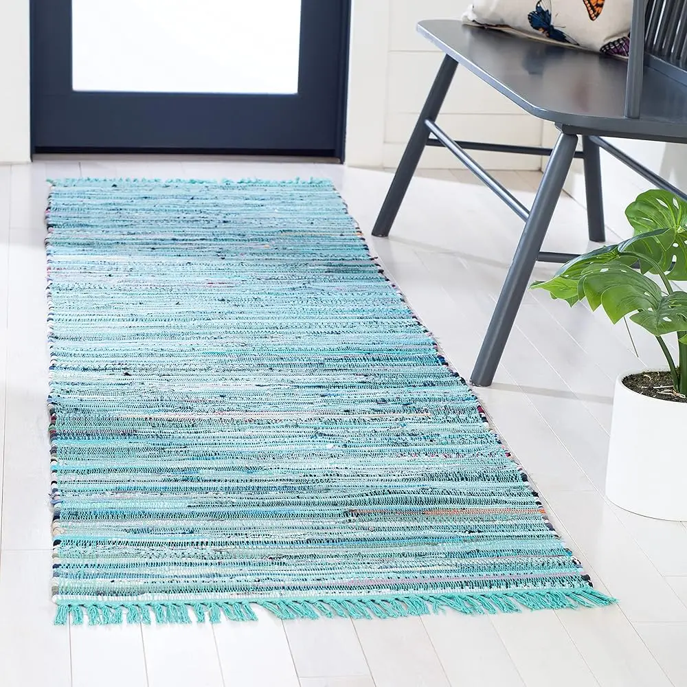 

Rag Rug Collection Runner Rug - 2'3"" X 8', Turquoise & Multi, Handmade Boho Stripe Cotton, I For High Traffic Areas In Living