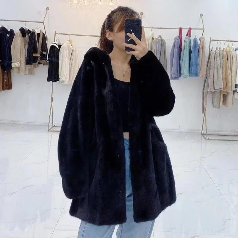 2025 Winter New Loose Velvet Mink Coat Women\'s Age Reduction Whole Mink Hooded Imitation Fur Coat Women\'s Medium Long Fashion