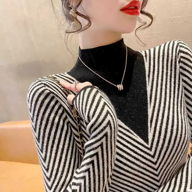 Women Clothing Fashion Slim Fake V-neck Knit Pullovers Autumn Winter Vintage All-match Mock Neck Sweaters Office Lady Y2k Tops