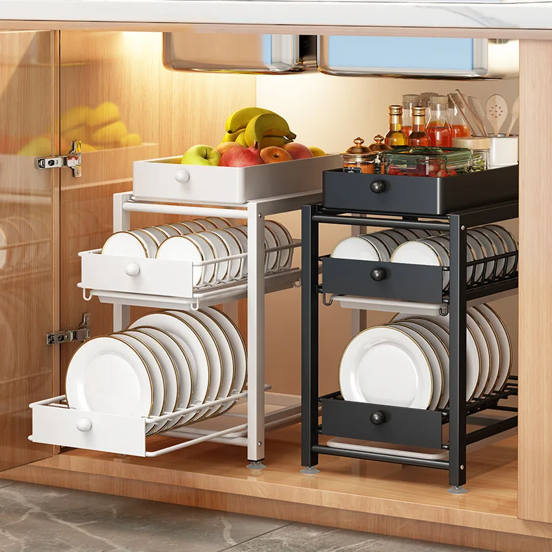 

Kitchen Pull-out Dish Storage Rack Drain Countertop Rack Drawer Plate Rack Tableware Seasoning Organizer