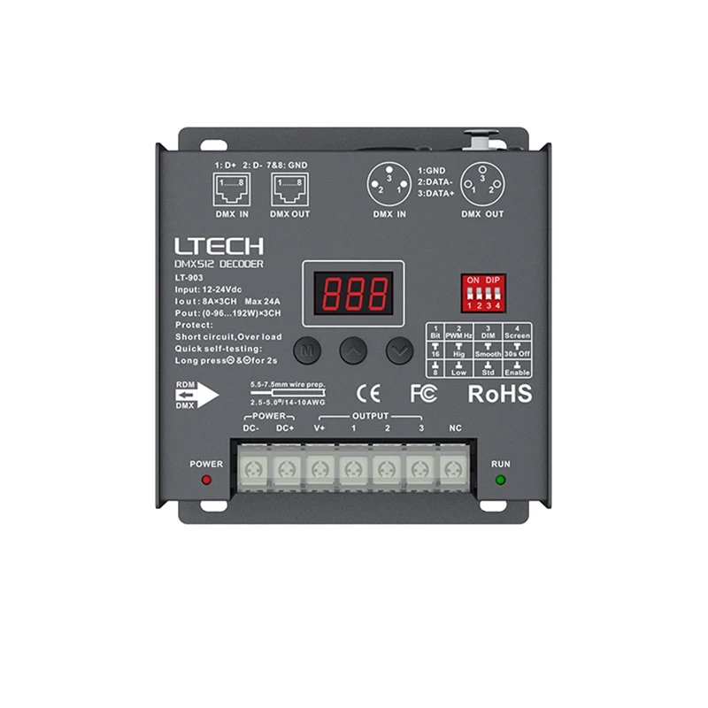 LTECH Led DMX Decoder DC12-24V Input;8A*3CH Max 24A Output 3 Channel DMX512 Slave CV Constant Voltage Dip Switch