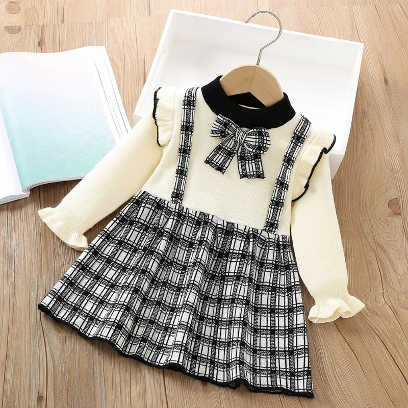 Girls' sweater dress autumn new long-sleeved thousand-bird lattice fake two knitted princess dress