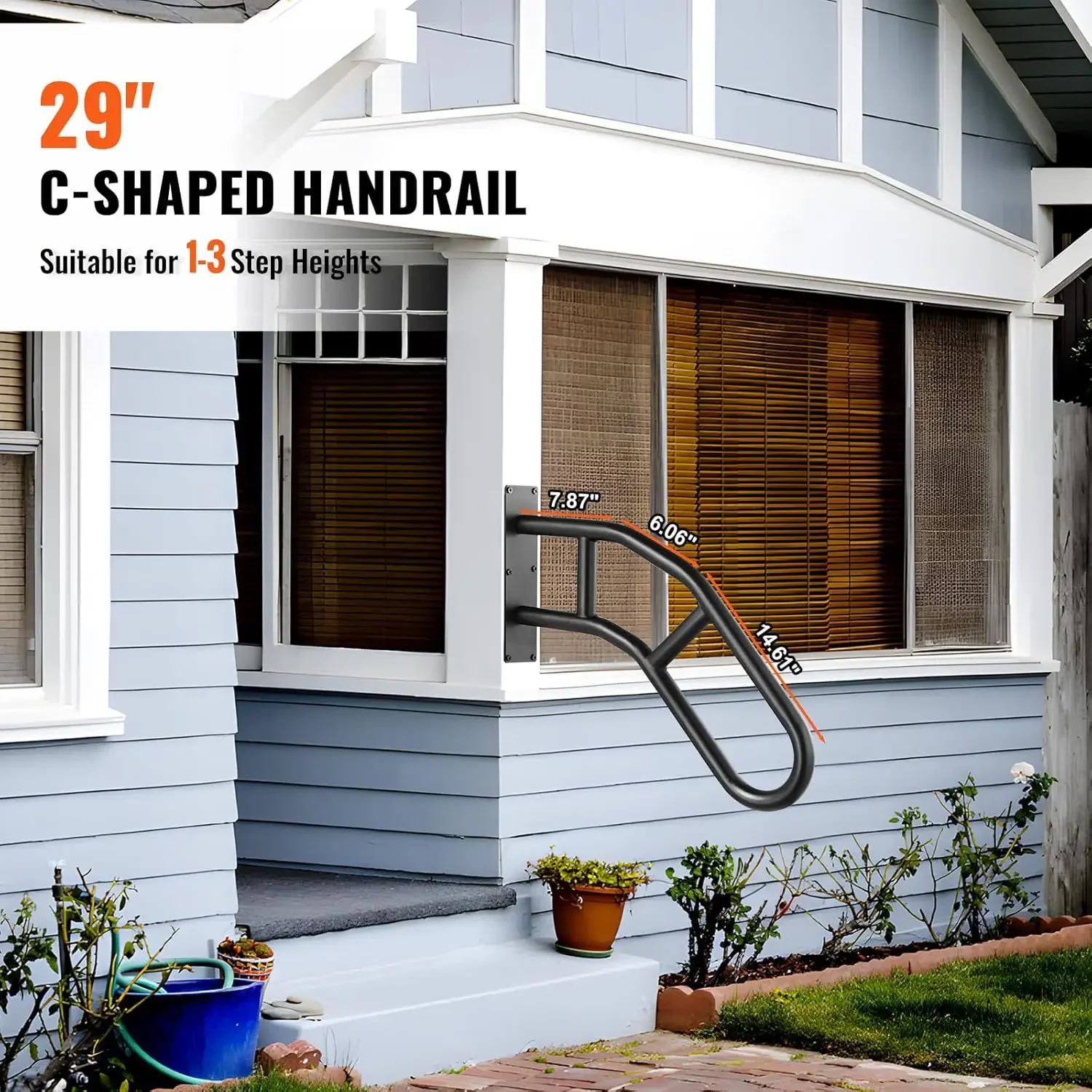 Handrails for Outdoor Steps, 29" Length Wall Mount Safety Railings for 1-3 Steps, U-Shaped Handrail