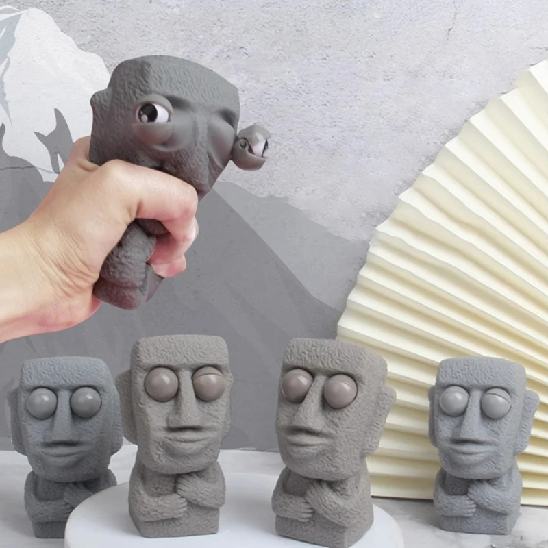 Stone Man Releases Stress Toy Slowly Rebounds Soft Moai Statue Squeeze Eyes Interested Expression Relaxes Stress Children's Gift