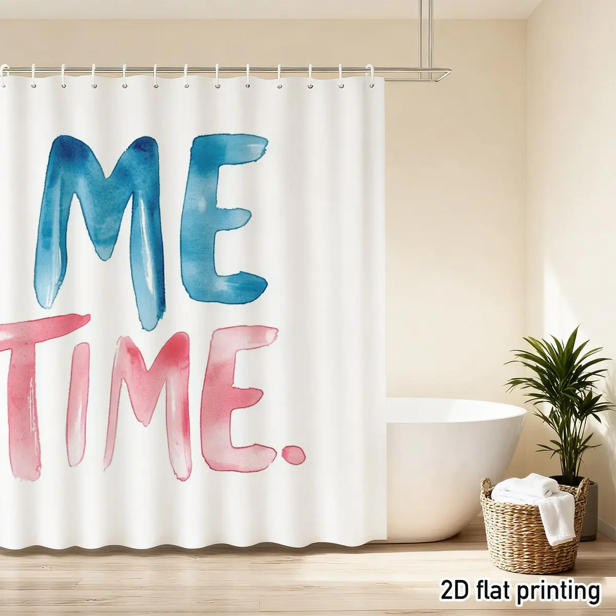 Watercolor ME TIME Shower Curtain Blue Pink Brushstroke Design Polyester Durable Bathroom Decor Self Care Relaxation