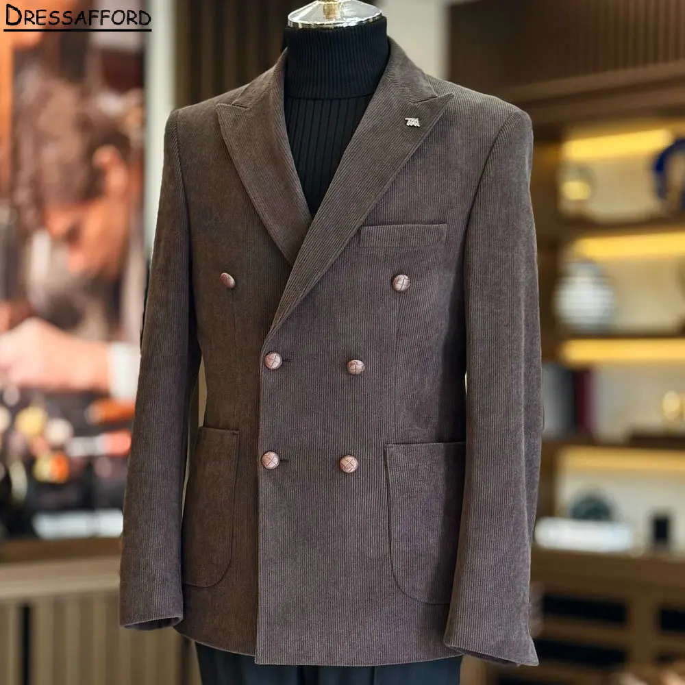 

Brown Corduroy Men Suits For Wedding Groom Tuxedos 2 Pieces Jacket Pants Prom Blazers Customized
