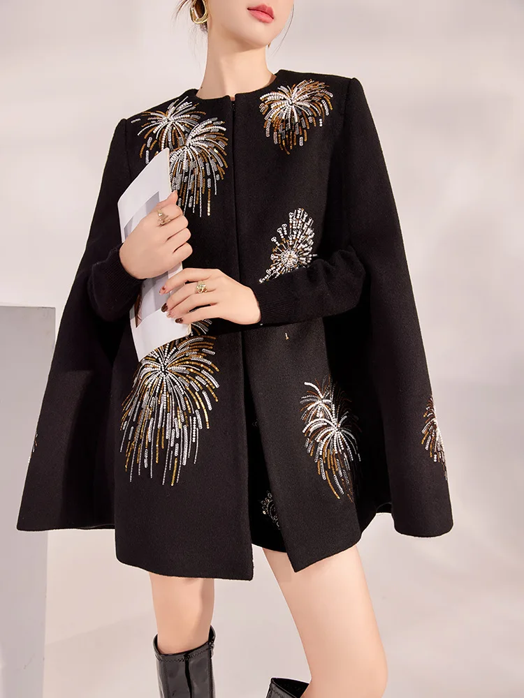 Autumn and Winter 2024 New High End O-Neck Fireworks Beading+ Embroidery Design Elegant Fashionable Loose Coat Cloak S-L