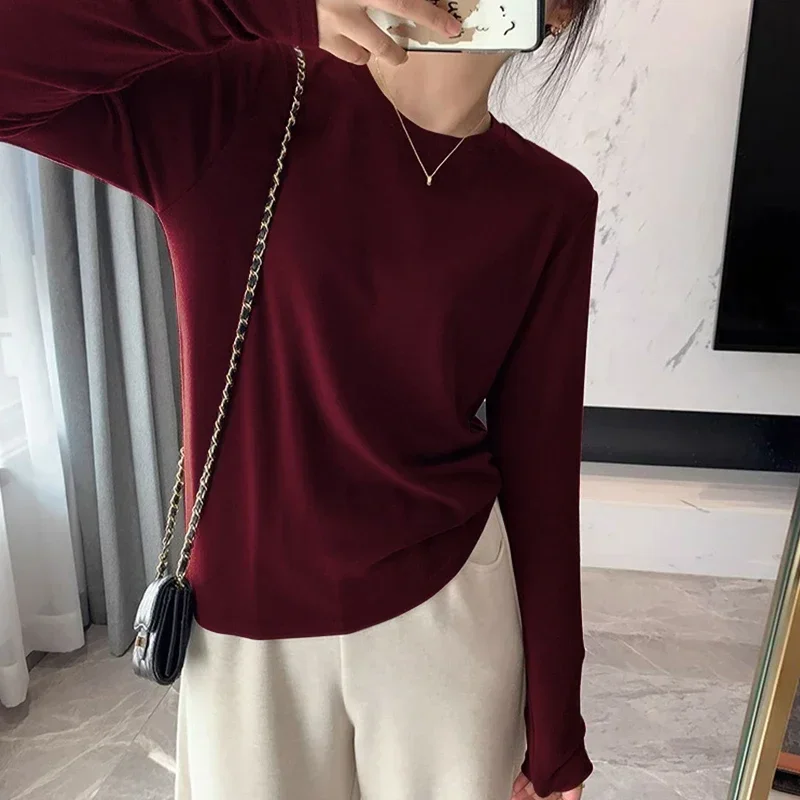 AOSSVIAO Herbst-Winter Slim Fit Schulter-Langarm-T-Shirt für Damen, trendiges Basic-T-Shirt mit Rundhalsausschnitt, superweich, vielseitiges, schlankmachendes Oberteil – Detail 9