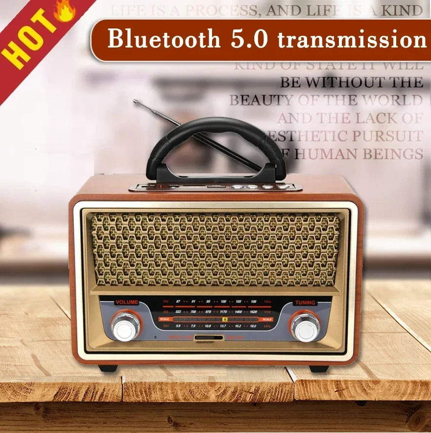 High Quality Wooden Retro Portable Radio Music Player AM/FM/SW Multi-function Bluetooth Speaker Subwoofer Card Audio Caixadesom