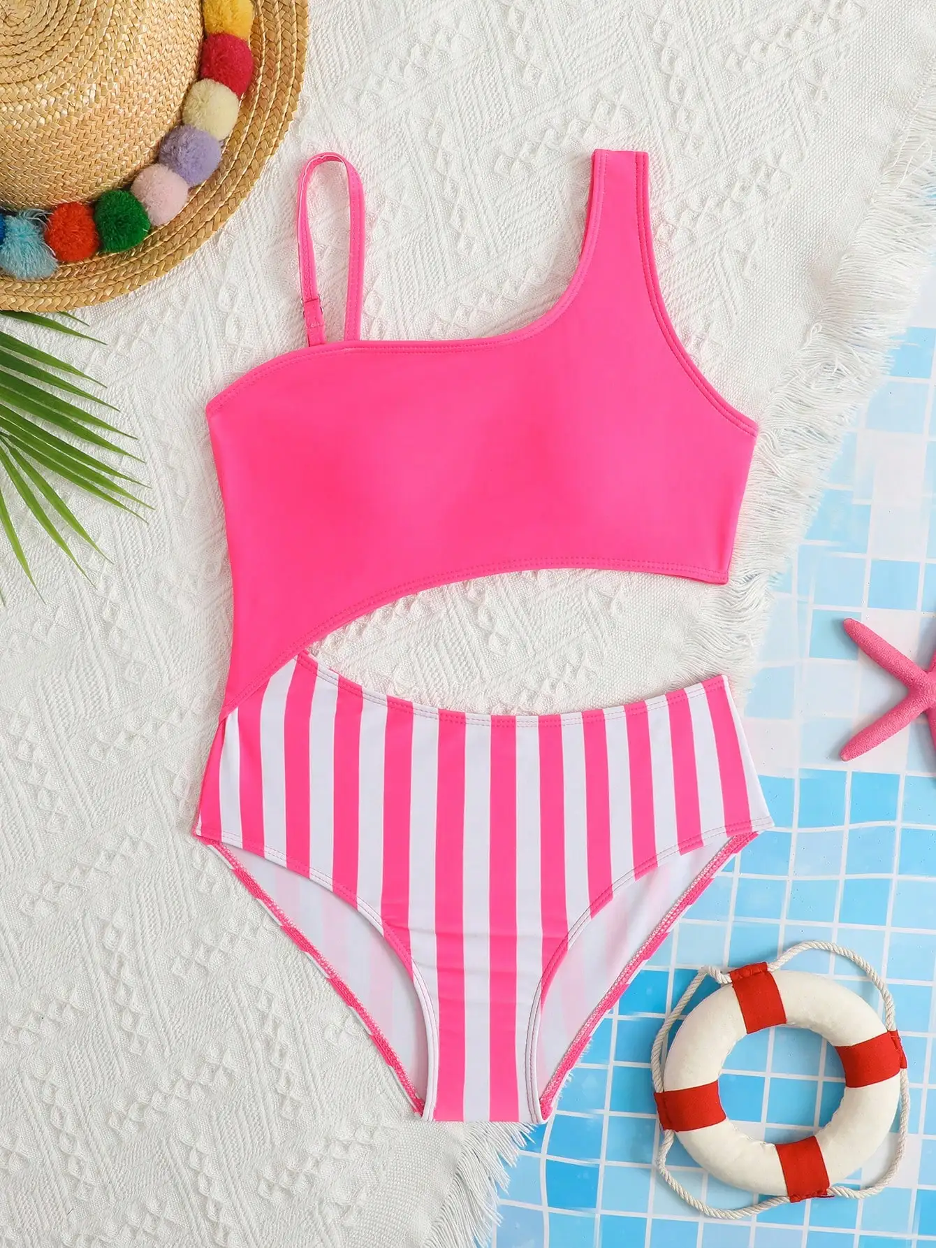 Girl's One Piece Bodysuit Asymmetrical Shoulder Strap Cutout Striped 7-14Y Summer Beach Vacation Party Resort Cute Holiday Gift