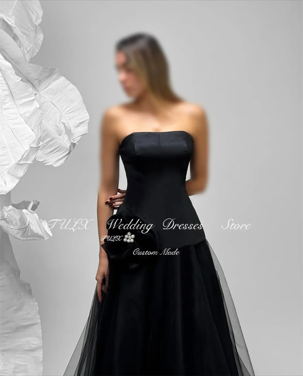 TULX élégant noir 3D dentelle robe de soirée sans bretelles Satin robe de soirée une ligne longue Tulle formelle Occasion robe personnalisée 2026