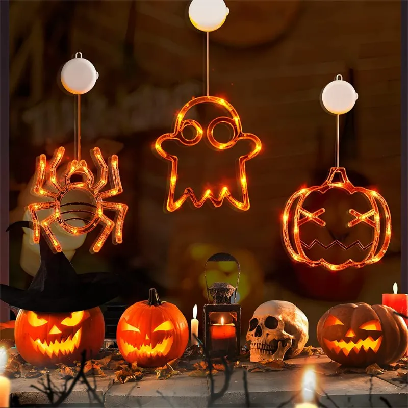 Halloween Atmosfera Luzes LED, Lâmpada de Abóbora, Spider Bat, Ghost Eye Cap, Spider Web, Ventosa Luz, Lâmpada Decoração Atmosfera, 2023