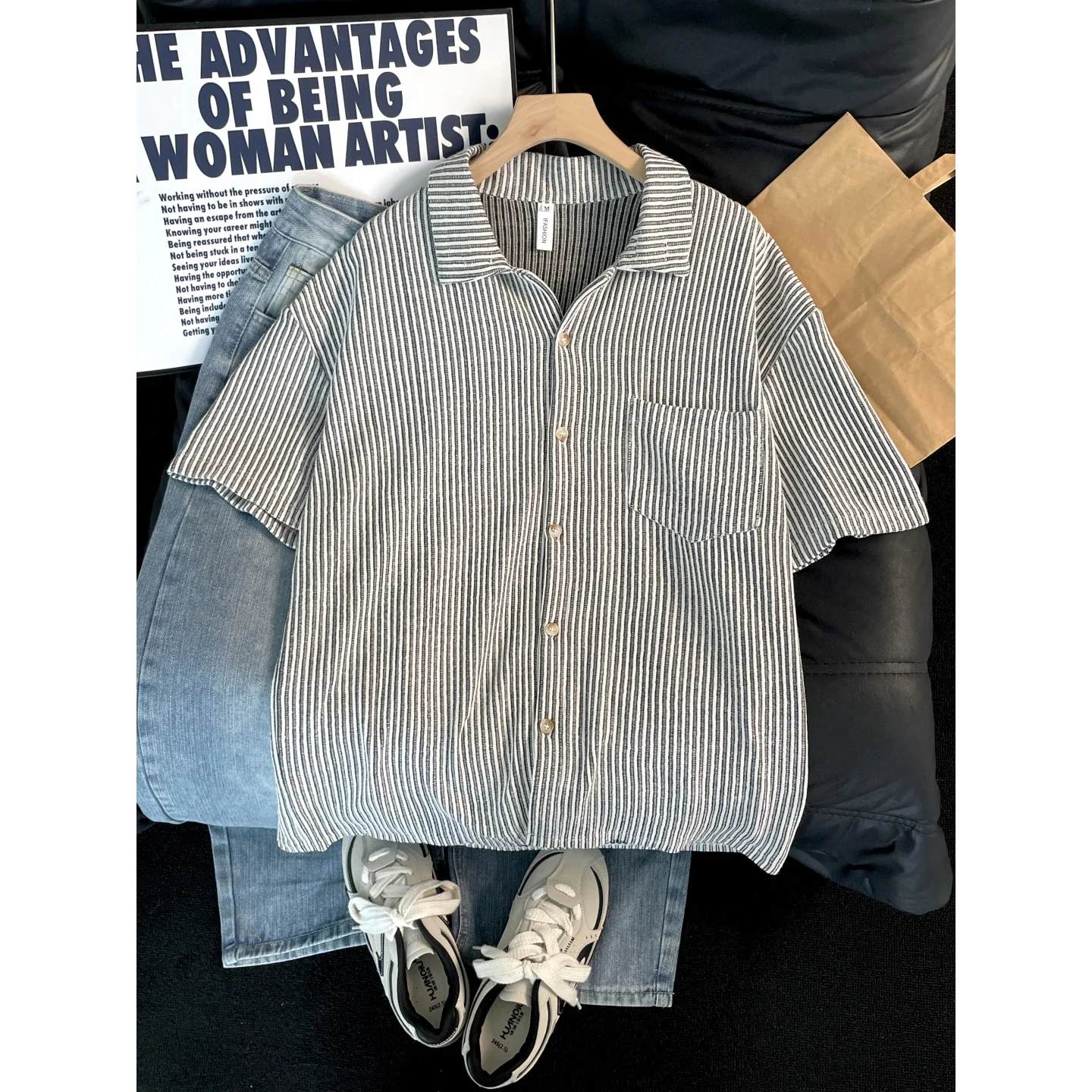 

Vintage Striped Short Sleeve Men's Shirt Summer Lazy Style Grey High-End Feeling Stand Collar Shirt Casual Loose Fit Breathable