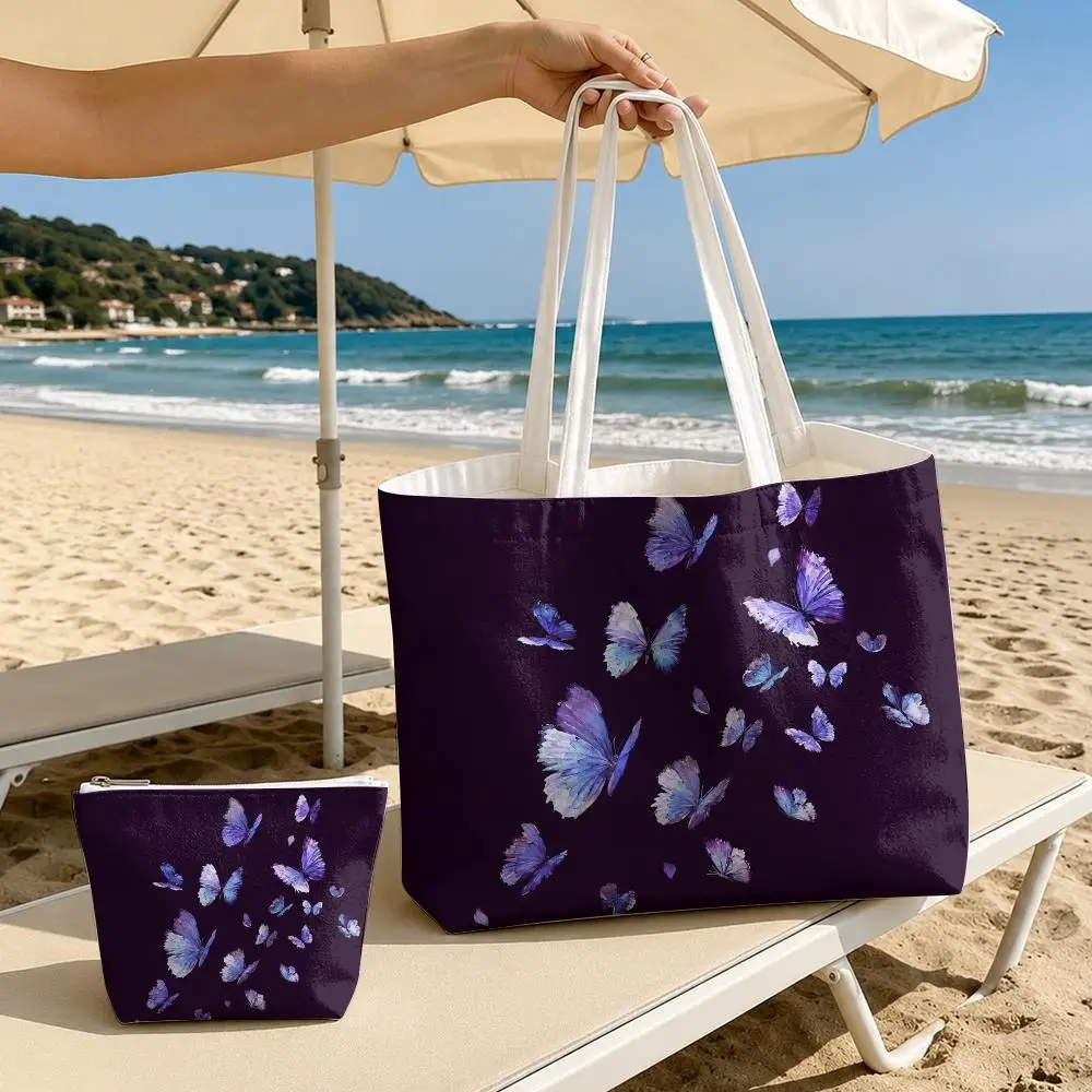 Blue Butterfly Flight Storage Bags 2-Piece Women's Canvas Zipper Large Capacity Reusable Daily Commute Shopping&Gift