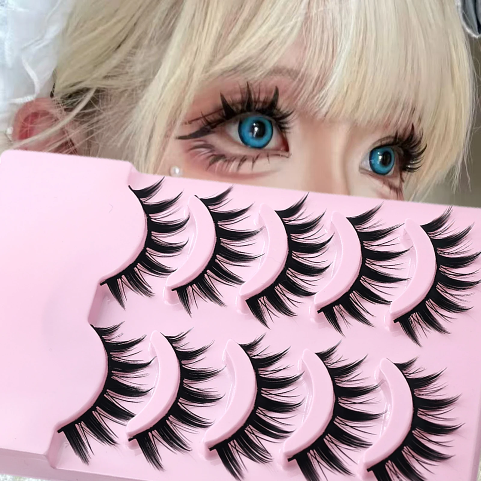 5 Paar Manga-Katzenaugen-Wimpern, natürliche, flauschige 3D-Volumen-Wimpern, wiederverwendbare, weiche Kunstwimpern – Detail 1