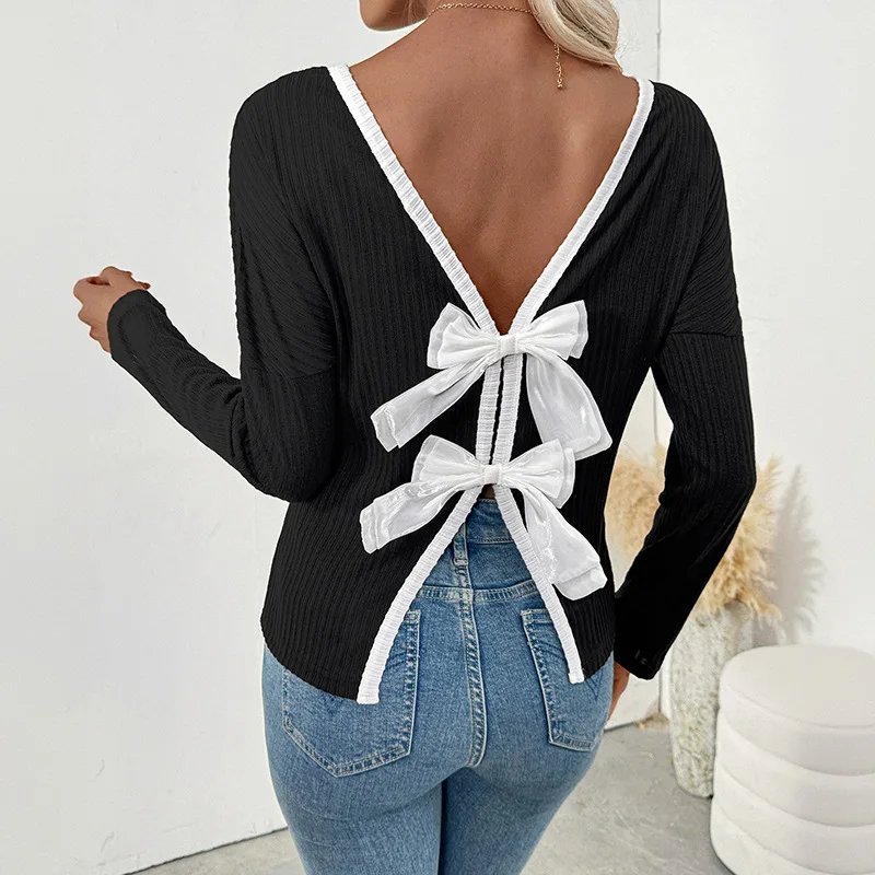 

Women Long Sleeve Solid Casual Splice Round Neck Shirts T Shirt Backless Bow Tops Elegant Lady Regular Simple Autumn 2025