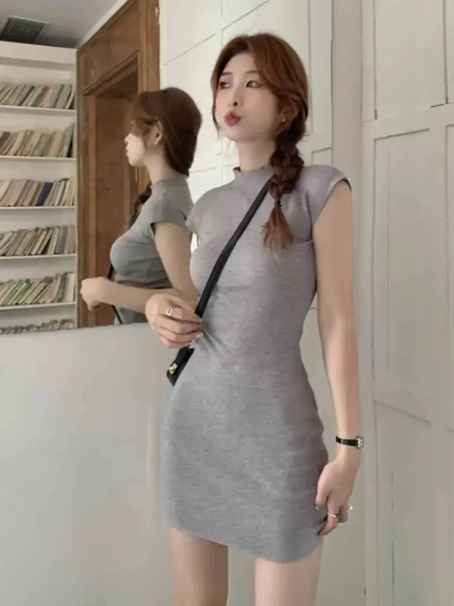 t shirt mini dress slim Women Fashion Stretch Knit Mini Dress Vintage High Neck Sleeveless Female Dresses Vestidos Mujer 4THJ