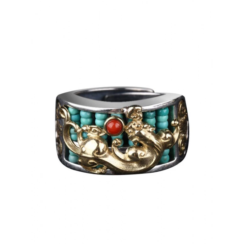 OUYADI S925 Sterling Silver Adjustable Open‑Band Ring Retro Pi‑Xiu With Turquoise Inlay Domineering Men Party‑Daily Wearing Gift