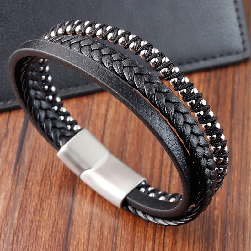 Braided Rope Woven Black Leather Men Bracelets Punk Style Stainless Steel Bangle for Friend Charm Fashion Jewelry Gifts