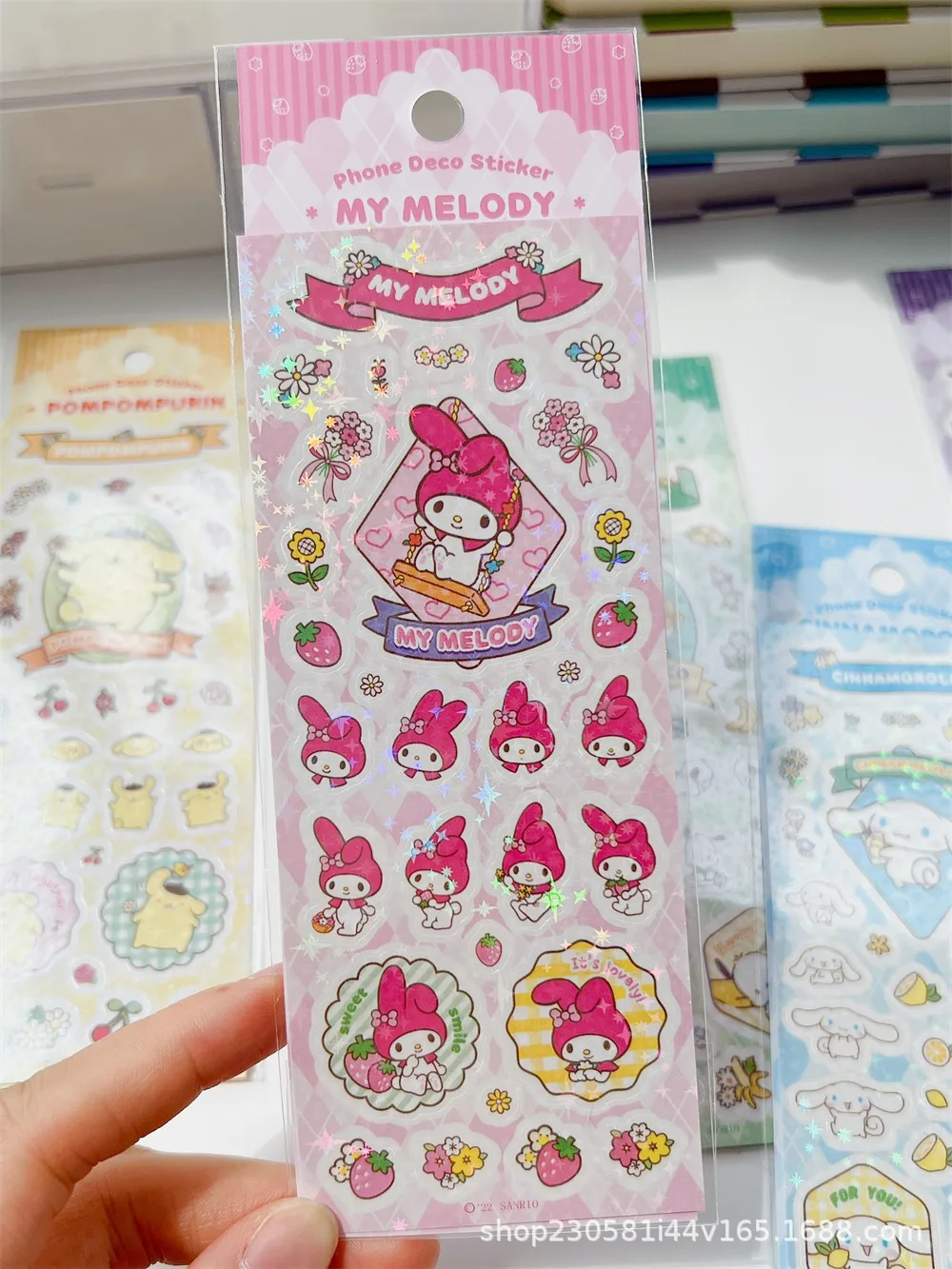 7 Stück niedliche Cartoon-Laser-Aufkleber, Hello Kitty, My Melody, Pochacco, Cinnamoroll, Kuromi, selbstklebend, DIY, Tagebuch, Sammelalbum, Telefondekoration – Detail 7