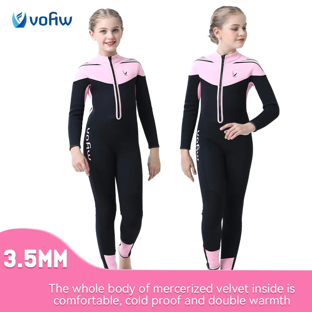 Children\'s One-piece Diving Suit Girl\'s 3mm Neoprene Plush Warm Long Sleeve Swimsuit Boy\'s Front Zipper Swimming Surfing Wetsuit