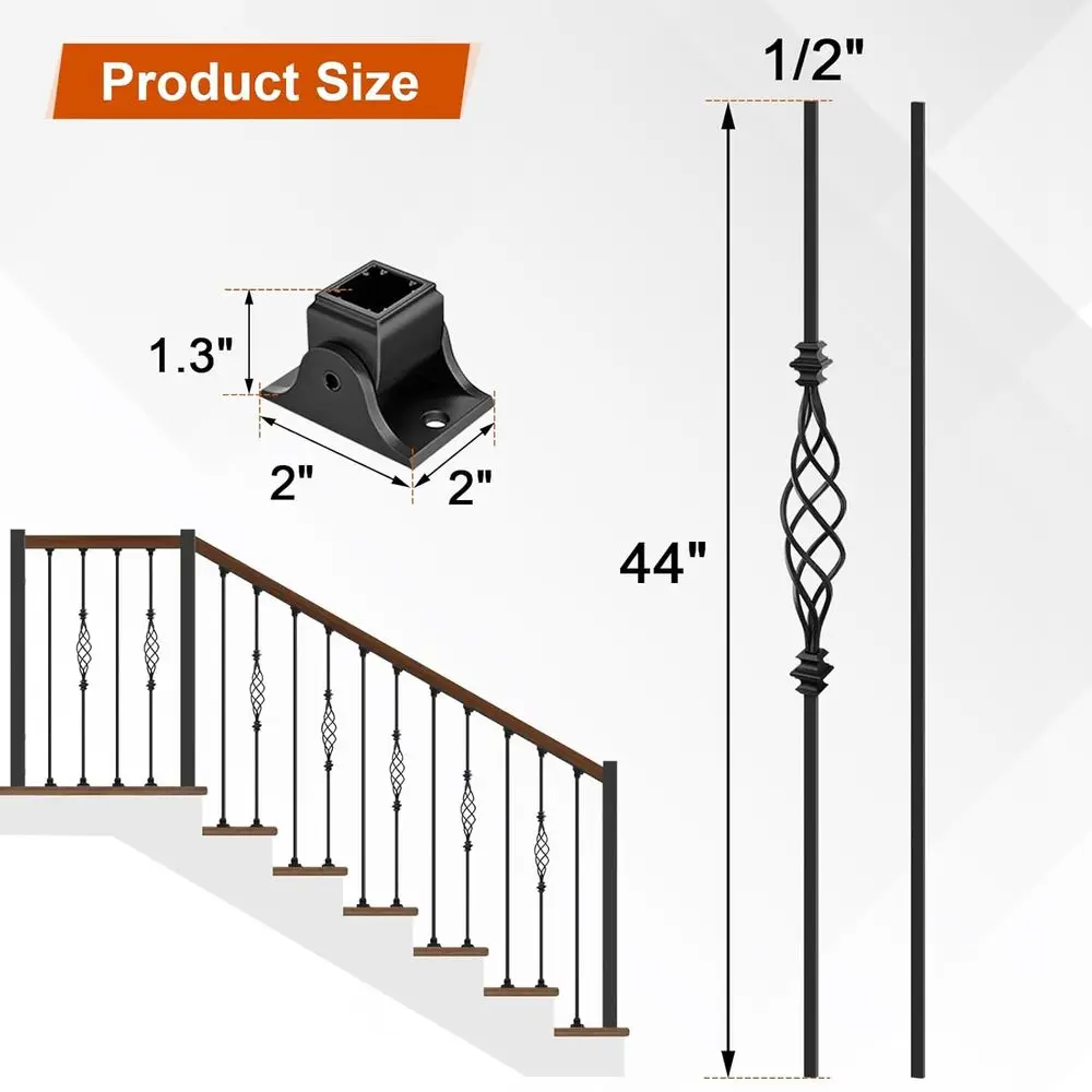 Set 10 Baluster Besi, 44 Railing Tangga dengan 20 Spindle, Interior Hitam Satin
