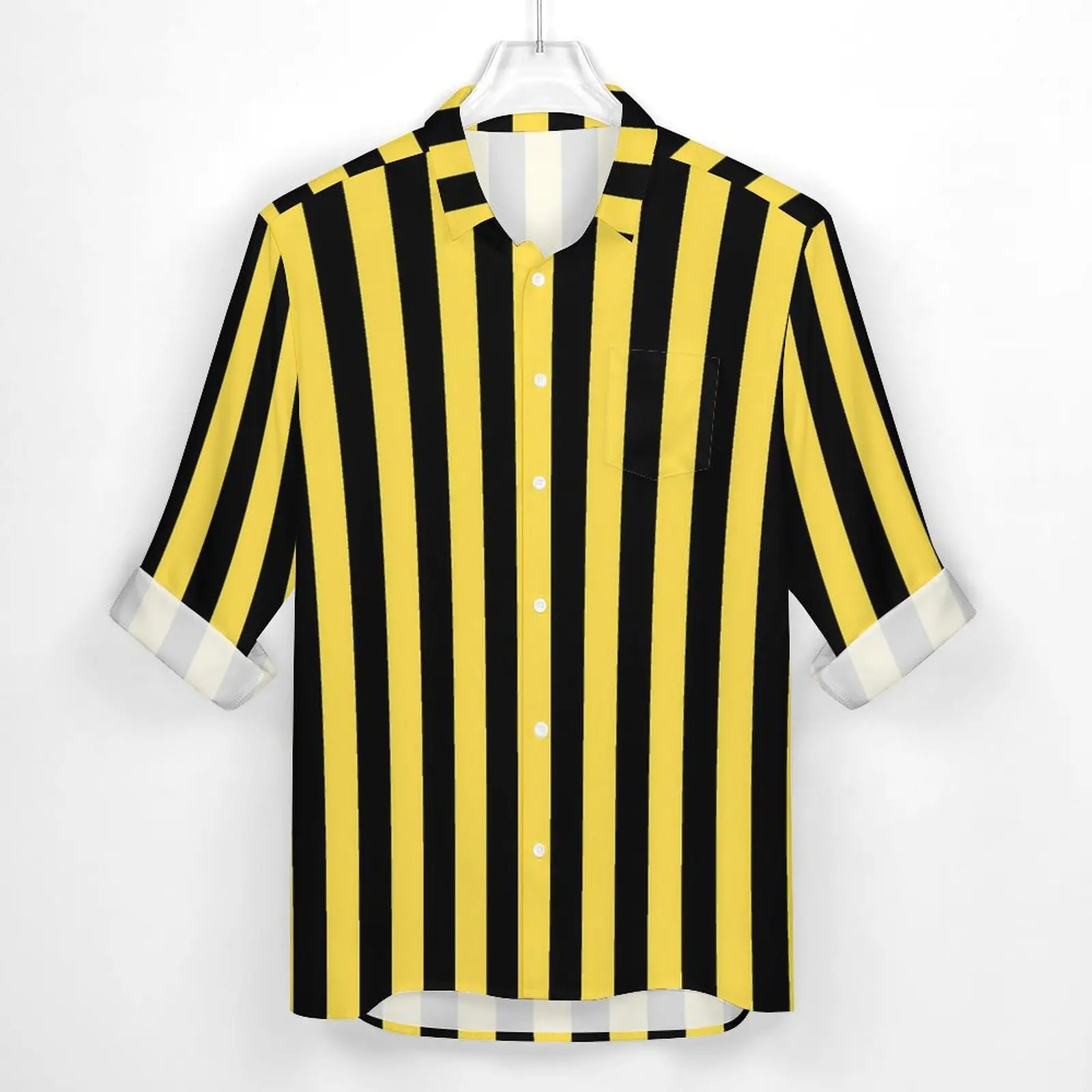 Vertical Striped Shirt Black And Yellow Casual Shirts Long Sleeve Custom Street Style Blouses Autumn Retro Oversized Tops