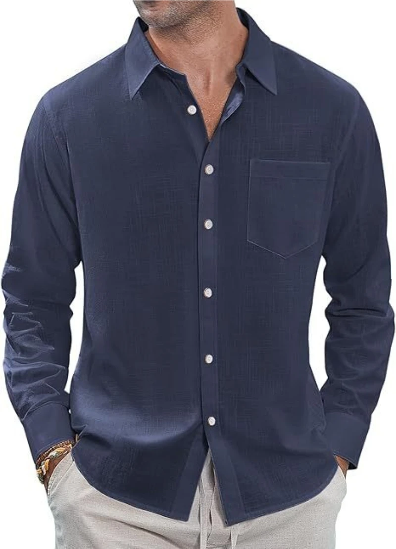 

Men's Style Long Sleeve Shirt Solid Color Cotton Casual Loose Fit Tops Work Daily Shirts For Young Men